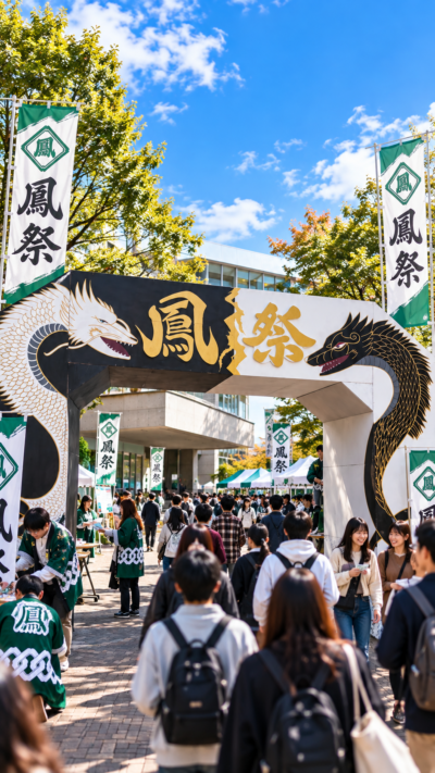 神奈川県川崎市の専修大学生田キャンパスで開催される鳳祭2026で、模擬店や学生企画、ライブステージを大勢の来場者が楽しむ大学祭の風景
