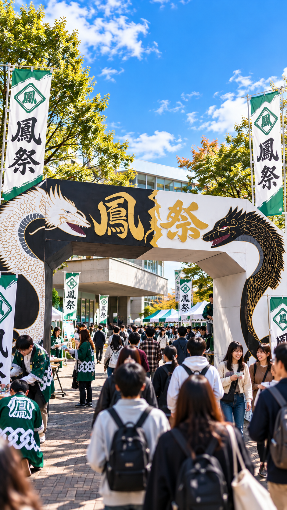 神奈川県川崎市の専修大学生田キャンパスで開催される鳳祭2026で、模擬店や学生企画、ライブステージを大勢の来場者が楽しむ大学祭の風景