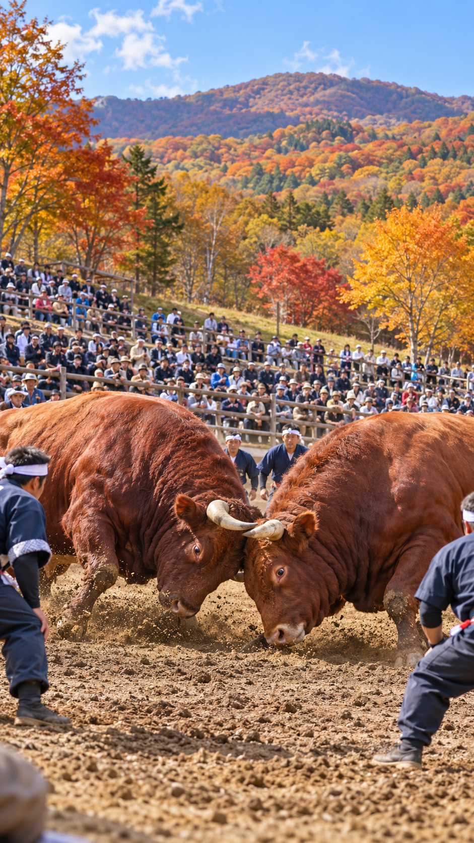 岩手県久慈市の平庭高原闘牛場で巨大な日本短角牛同士が角を突き合わせて力を競う平庭闘牛大会もみじ場所の風景