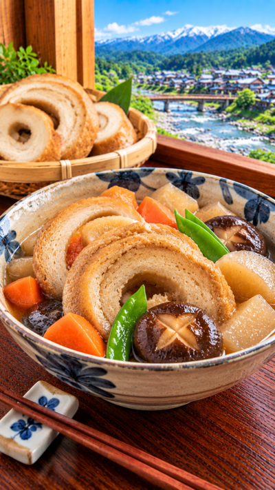 新潟県に伝わる郷土料理、戻した車麩をだし汁やしょうゆ、砂糖などでじっくり煮含めた車麩の煮物