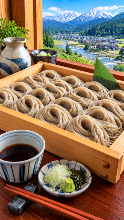新潟県中越地方や魚沼地方に伝わる郷土料理、ふのりをつなぎに使ったそばをへぎに一口ずつ盛り付けたへぎそば