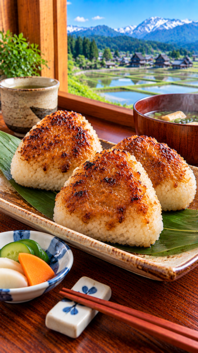 新潟県に伝わる郷土料理、ご飯をおにぎりにして味噌を塗り香ばしく焼き上げたけんさん焼き
