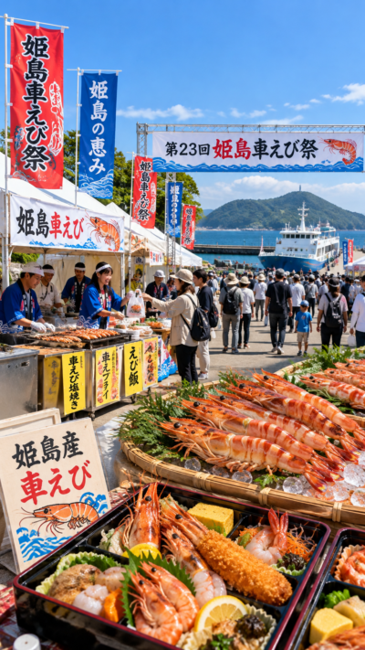 大分県姫島村の姫島港フェリー広場で車えび料理の豪華弁当や特産品を楽しむ第23回姫島車えび祭の会場風景