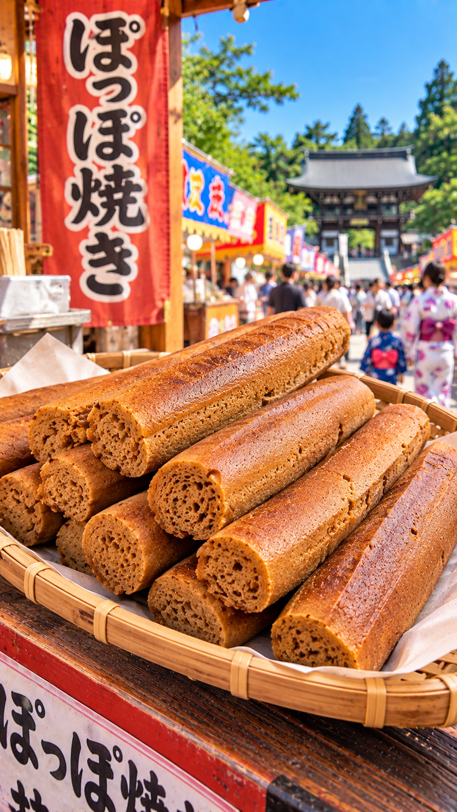 新潟県下越地方に伝わる郷土菓子、小麦粉と黒糖などを使った生地を細長く焼き上げたぽっぽ焼き
