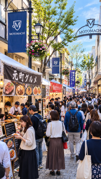 横浜元町仲通りに飲食店のグルメブースが並び多くの来場者で賑わう横浜元町フードフェア2026の風景