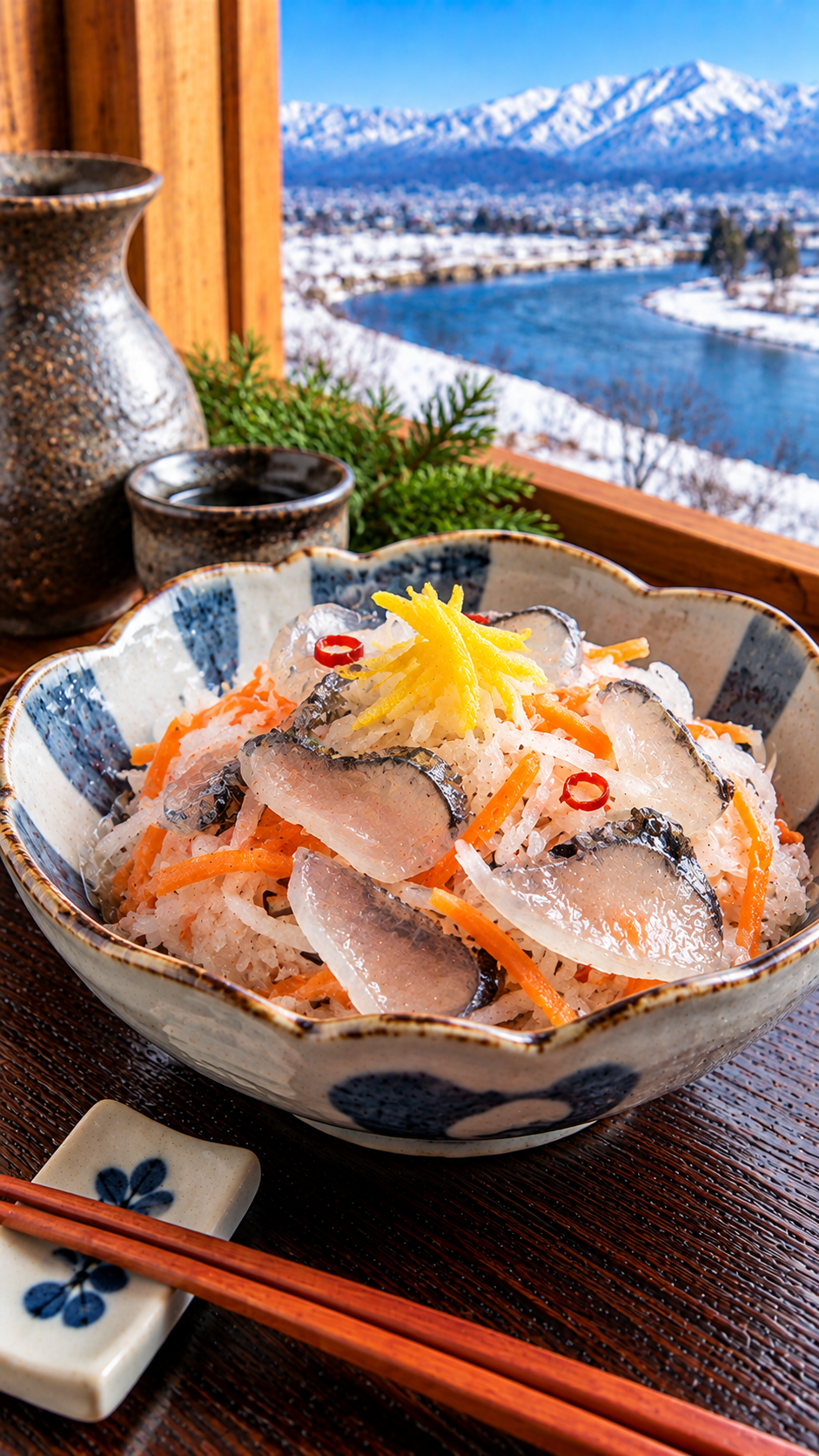 新潟県に伝わる郷土料理、鮭の頭部にある軟骨の氷頭を薄切りにして大根やにんじんなどと酢で和えた氷頭なます