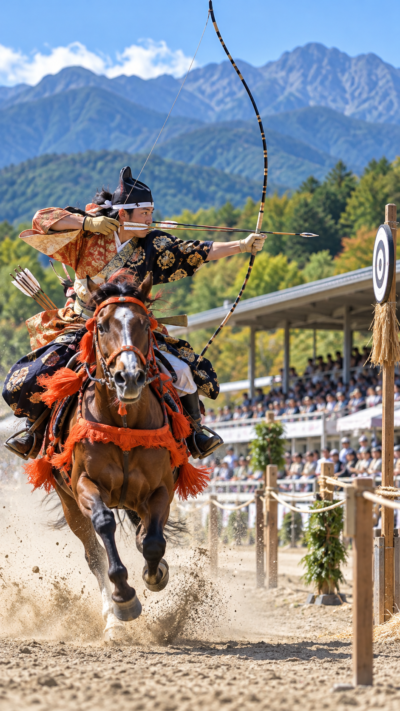 山梨県北杜市の山梨県馬術競技場で疾走する馬に乗った選手が弓を構えて的を射るスポーツ流鏑馬デモンストレーションの風景