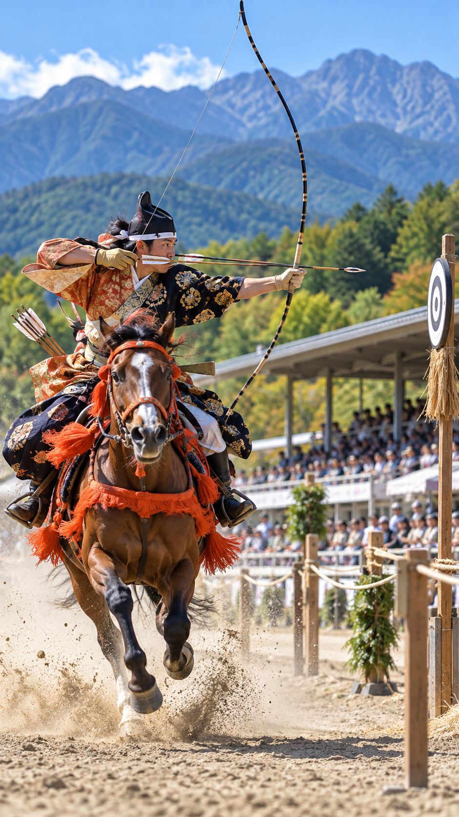 山梨県北杜市の山梨県馬術競技場で疾走する馬に乗った選手が弓を構えて的を射るスポーツ流鏑馬デモンストレーションの風景