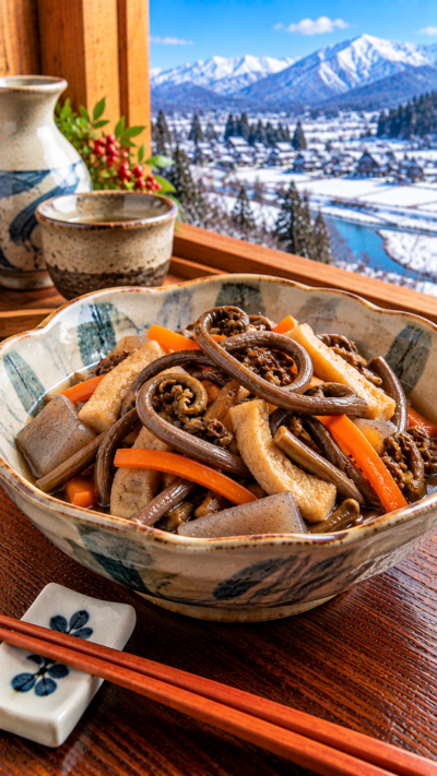 新潟県に伝わる郷土料理、戻したぜんまいを油揚げやにんじん、こんにゃくなどとだし汁で煮含めたぜんまいの煮物