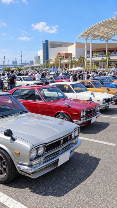 千葉県千葉市のフェスティバルウォーク蘇我に昭和の名車や旧車、クラシックカーがずらりと並ぶ昭和レトロカーミート2026の会場風景