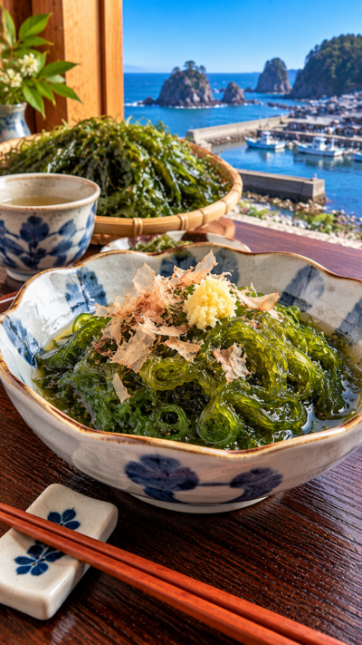 新潟県に伝わる郷土料理、海藻のながもを湯通しして刻み、酢やしょうゆなどで味わうながも料理