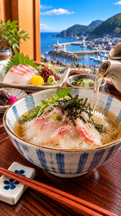 新潟県柏崎市に伝わる郷土料理、新鮮な鯛の刺身や焼いた身をご飯にのせ温かいだし汁をかけて味わう鯛茶漬け