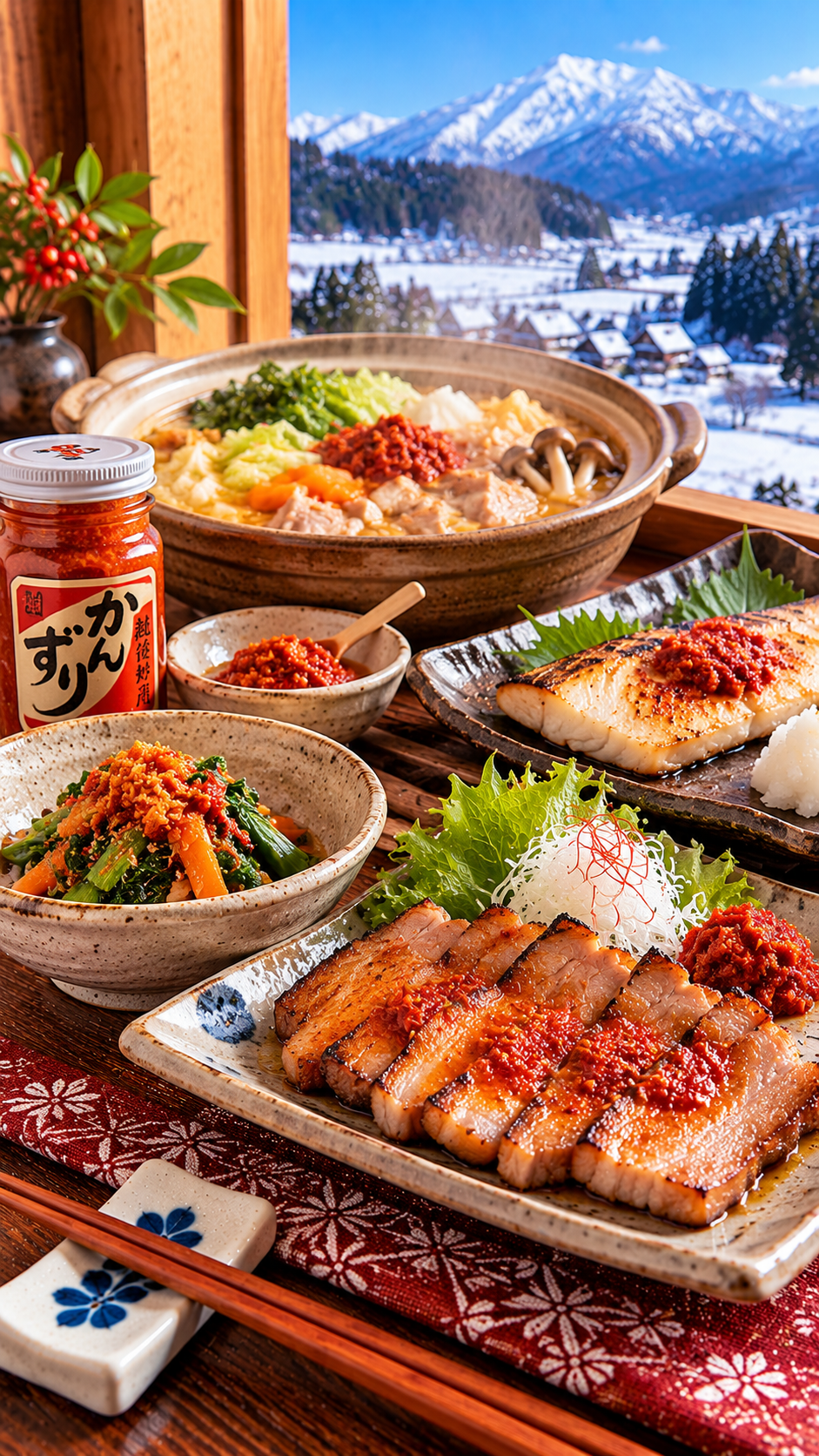 新潟県妙高地方に伝わる郷土料理、発酵調味料のかんずりを使って魚や肉、野菜などを味付けしたかんずり料理