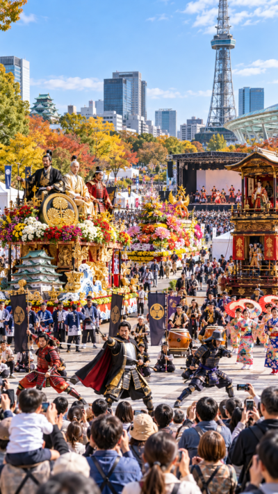 愛知県名古屋市の久屋大通公園で三英傑フロートや華やかなフラワーカー、山車からくりが展示され、武将隊の演武や伝統芸能でにぎわう第72回名古屋まつり2026の会場風景