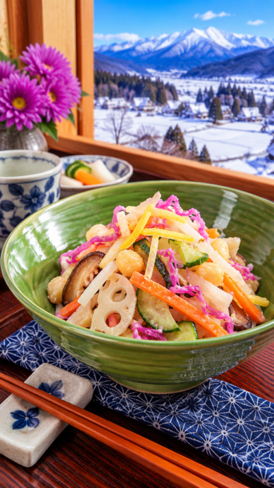 新潟県に伝わる郷土料理、食用菊のかきのもととれんこんやきゅうりなどをくるみやごまの和え衣で和えたかきあえなます