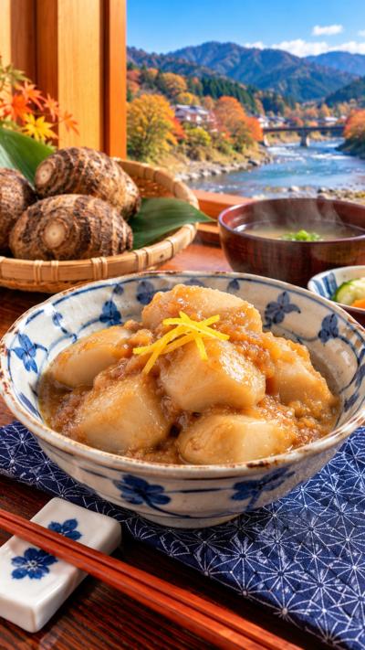 新潟県五泉市に伝わる郷土料理、里芋をだし汁と味噌で煮込み味噌を絡めたとろりとしたいもみそ
