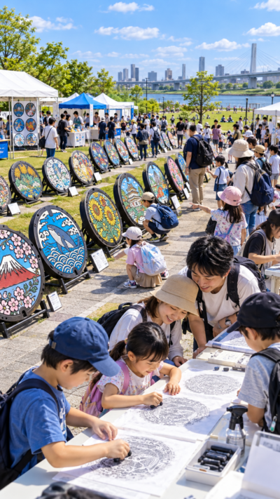 埼玉県戸田市の荒川水循環センター上部公園に全国各地のデザインマンホール蓋が展示され、マンホールカードや拓本体験を楽しむ来場者でにぎわうマンホールサミットの会場風景