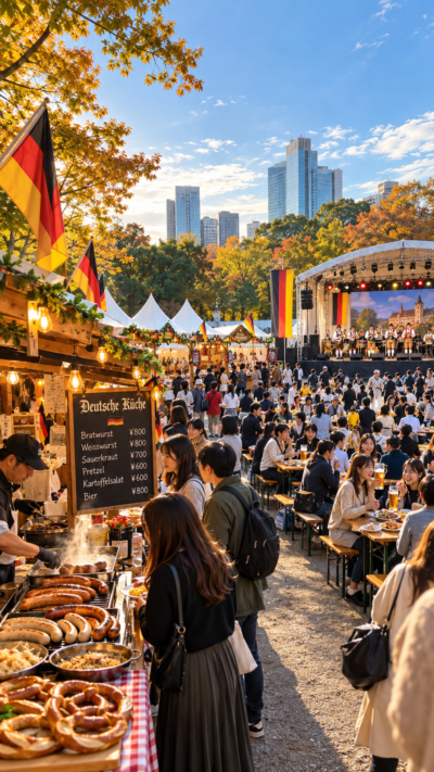 東京都港区の都立青山公園で開催されるドイツフェスティバル2026で、ドイツのソーセージや伝統料理を販売する屋台、雑貨のマルシェが並び、多くの来場者が音楽やドイツ文化を楽しむ秋の会場風景