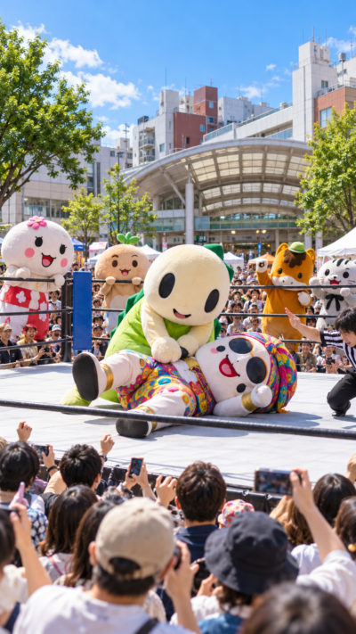東京都杉並区の高円寺駅前北口広場に設置された特設プロレスリングで、なみすけやサイケ・デリーさんなどのご当地キャラクターがユーモラスな戦いを繰り広げる高円寺フェスのゆるキャラプロレスの風景