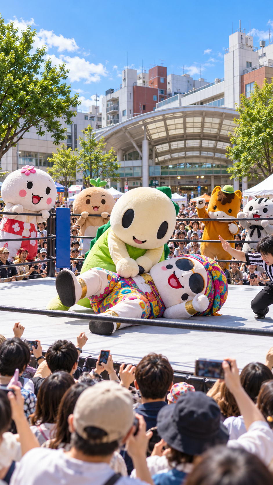 東京都杉並区の高円寺駅前北口広場に設置された特設プロレスリングで、なみすけやサイケ・デリーさんなどのご当地キャラクターがユーモラスな戦いを繰り広げる高円寺フェスのゆるキャラプロレスの風景