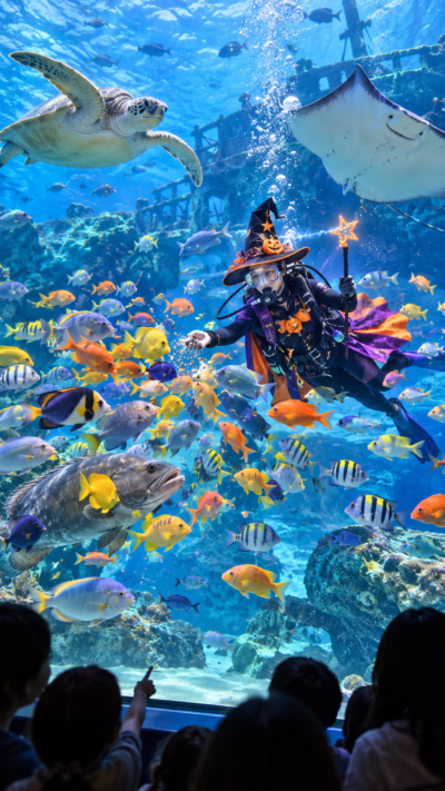 静岡県下田市の下田海中水族館アクアドームペリー号大水槽で、魔法使いに仮装したダイバーがステッキを持ち、色鮮やかな魚たちに餌を与えるハロウィン限定ショーの風景