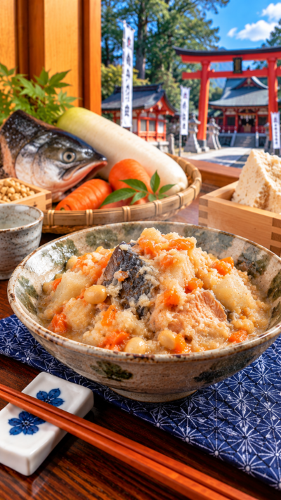 栃木県を中心に伝わる郷土料理、鮭の頭と大根、にんじん、炒った大豆などを酒粕で煮込んだしもつかれ