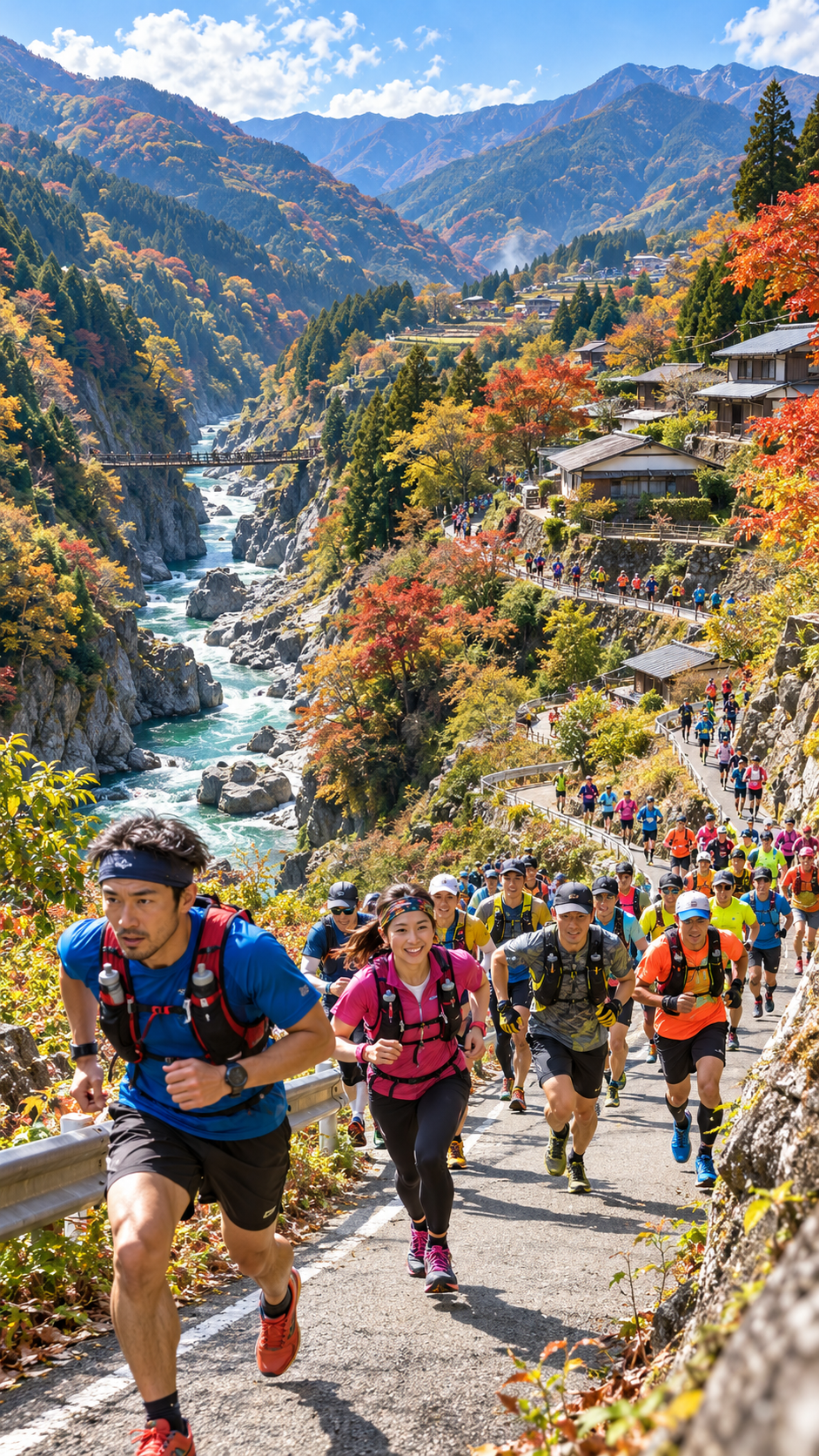 徳島県三好市山城町の妖怪伝説が残る山岳地帯で、色とりどりのランニングウェアを着た参加者たちが標高約1000mの山道を駆け抜ける大歩危・妖怪RUN♪RUN♪RUN!!の風景