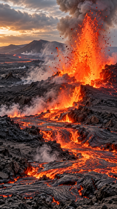 アイスランドのファグラダルスフィヤル火山で地面の亀裂から真っ赤な溶岩が噴き上がる大迫力の火山噴火
