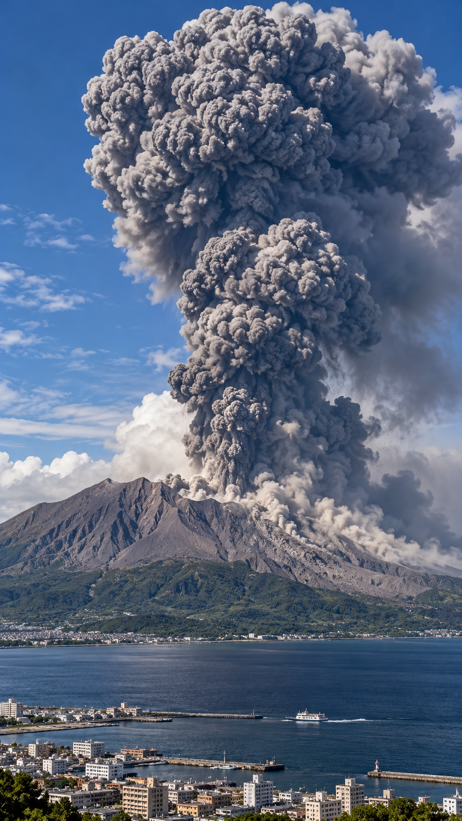 鹿児島県の桜島で爆発的な噴火が発生し、山頂付近の火口から巨大な黒灰色の噴煙が青空に向かって立ち上がる光景