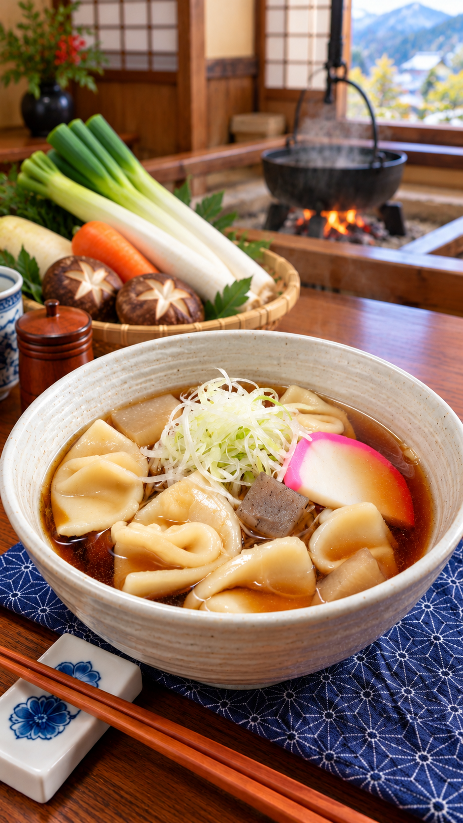 栃木県佐野市に伝わる郷土料理、耳のような形にした小麦粉の麺を野菜やしいたけなどとだし汁で煮込んだ耳うどん