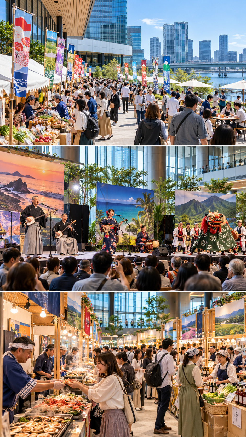 東京都港区の東京ポートシティ竹芝で全国22町村・地域の特産品や郷土グルメが並び、江差追分や奄美シマ唄、曽爾の獅子舞などの伝統芸能を楽しむ第5回日本で最も美しい村まつりの会場風景