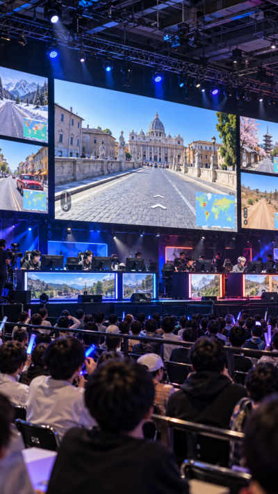 東京都板橋区のeスポフィールドで大型スクリーンに世界各地のストリートビュー映像が映し出され、選手たちが地理推測ゲームGeoGuessrで対戦するRASHINBAN 2026日本最強決定戦の会場風景