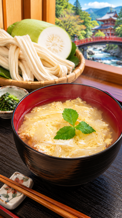 栃木県に伝わる郷土料理、かんぴょうをだし汁やしょうゆなどで煮含め溶き卵でふんわりとじたかんぴょうの卵とじ