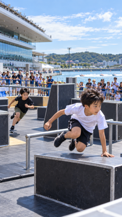 福岡県芦屋町のBOAT RACE芦屋西プラザで、子どもたちが障害物を飛び越えながら1対1のパルクール鬼ごっこで対戦するボートレース芦屋カップ2026の会場風景