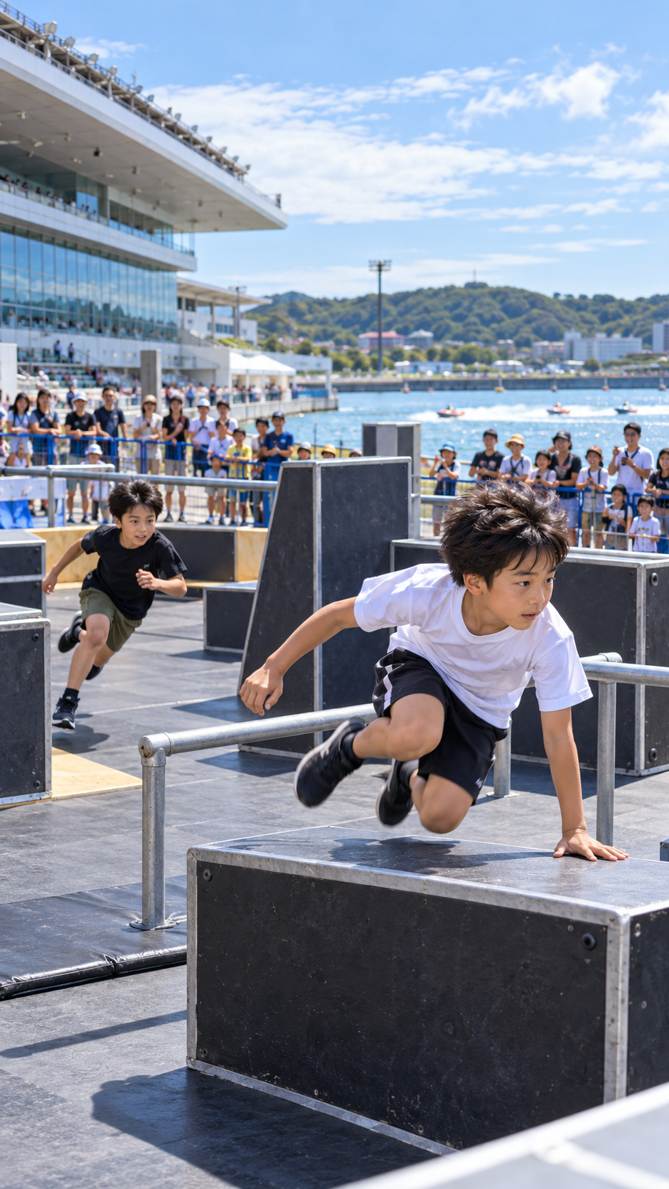 福岡県芦屋町のBOAT RACE芦屋西プラザで、子どもたちが障害物を飛び越えながら1対1のパルクール鬼ごっこで対戦するボートレース芦屋カップ2026の会場風景