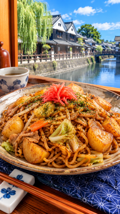 栃木県栃木市で親しまれているご当地料理、ほくほくしたじゃがいもを加えたソース味のじゃがいも入り焼きそば
