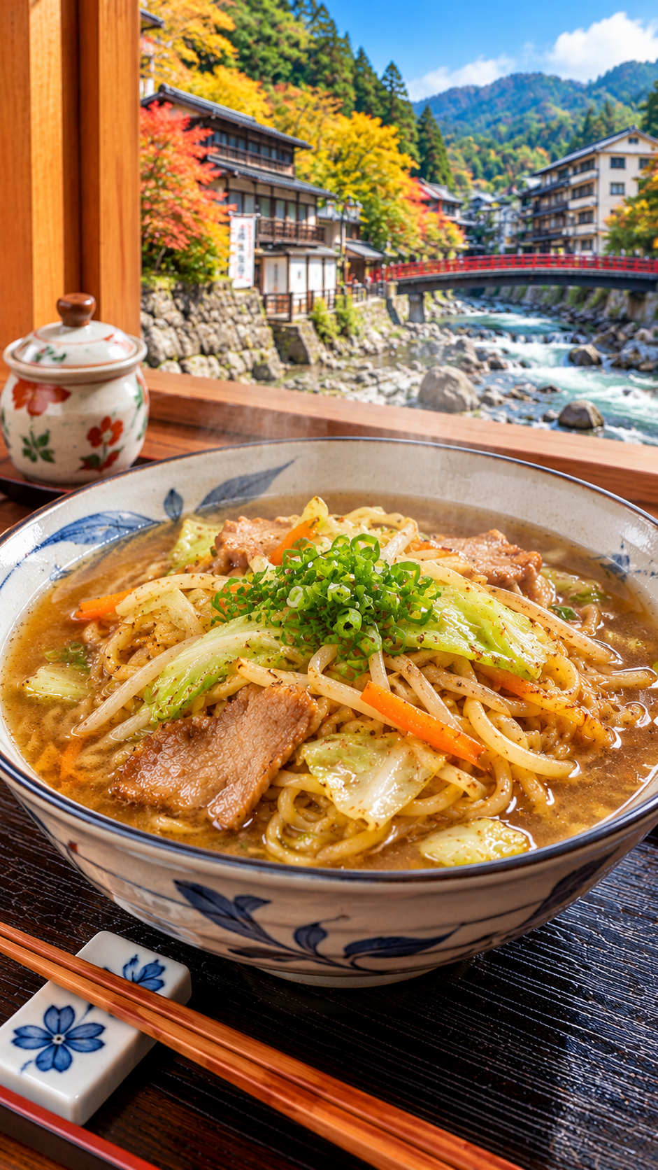 栃木県那須塩原市の塩原温泉郷で親しまれているご当地料理、豚肉やキャベツなどと炒めた焼きそばをスープに入れたスープ入り焼きそば