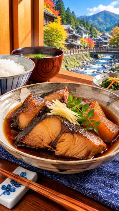 栃木県に伝わる郷土料理、さがんぼと呼ばれるサメ類の切り身をしょうゆや砂糖などの甘辛い煮汁で煮付けたさがんぼの煮つけ