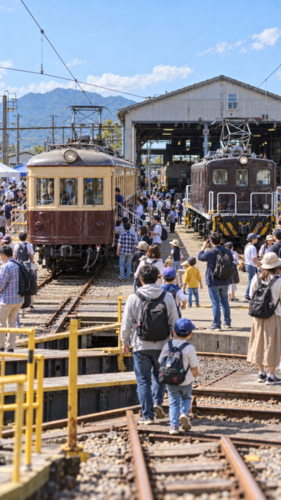 群馬県前橋市の上毛電気鉄道大胡電車庫で昭和3年製のデハ101と電気機関車デキ3021が並び、鉄道ファンや家族連れが車両展示や体験イベントを楽しむ創立100周年感謝イベントの風景