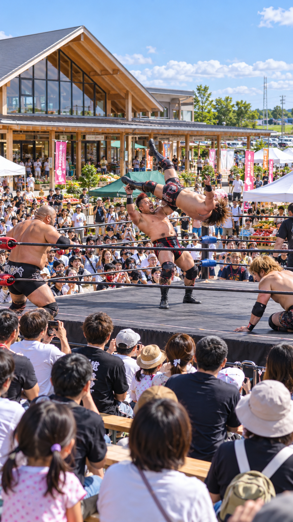 埼玉県吉見町の道の駅いちごの里よしみに設置されたプロレスリングで、大日本プロレスの選手たちが迫力ある技を繰り出し、観客が試合を楽しむ2026年大会の会場イメージ