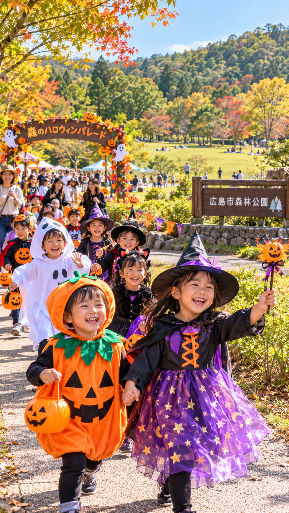 広島県広島市の広島市森林公園で魔女やおばけ、カボチャなどのハロウィン衣装を着た子どもたちが、緑豊かな森と芝生広場を笑顔で行進する森のハロウィンパレードの風景