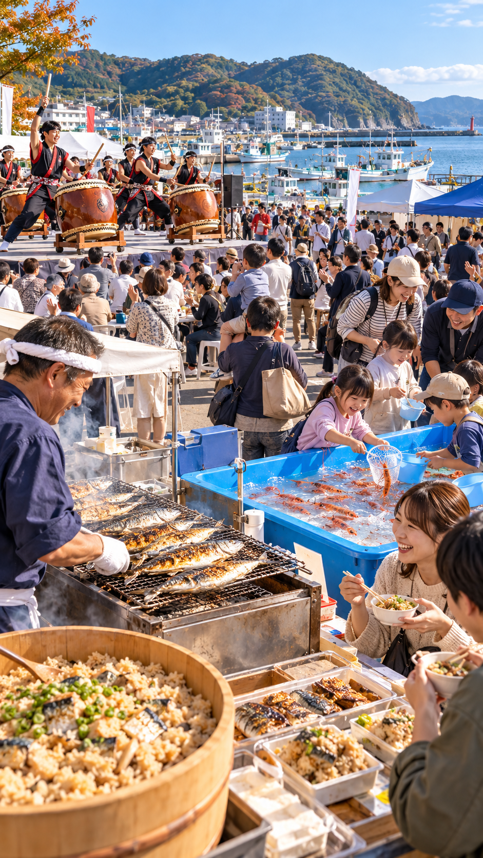 和歌山県湯浅町の湯浅湾漁業協同組合周辺で焼き鯖や鯖の炊き込みご飯などの魚介グルメが並び、エビすくいや和太鼓演奏を楽しむ来場者でにぎわう紀州湯浅のギョギョッとお魚まつりの風景