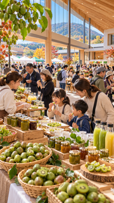 岩手県軽米町のかるまい文化交流センター宇漢米館で全国各地のさるなし・こくわの果実やジャム、ジュースなどの特産品が並び、来場者が試食販売や郷土グルメを楽しむ全国さるなし・こくわサミット2026の会場風景