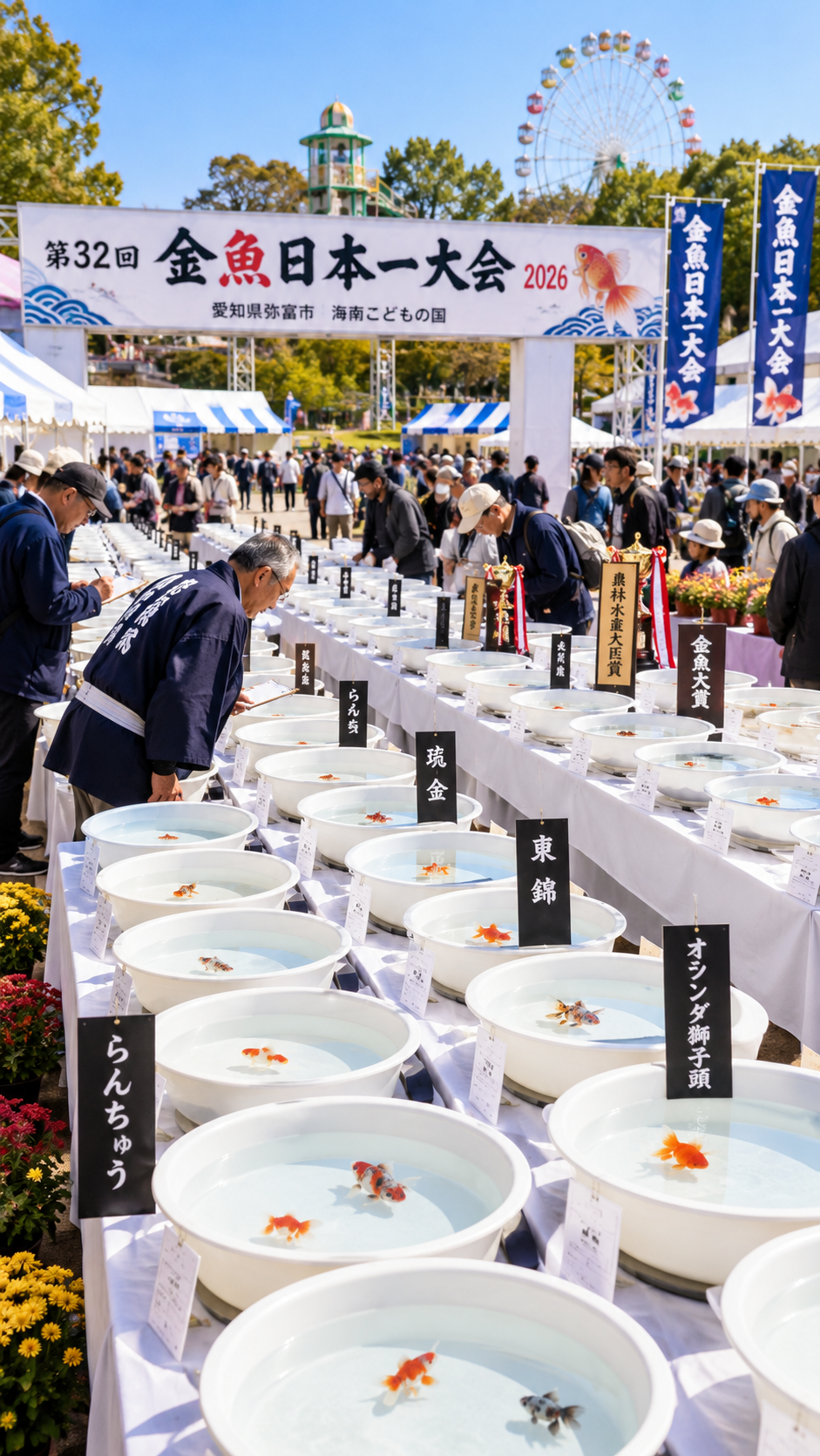 愛知県弥富市の海南こどもの国で、らんちゅうや琉金、東錦、オランダ獅子頭などの色鮮やかな金魚が品評会用の水槽に並び、生産者や愛好家が美しさを審査する第32回金魚日本一大会の会場風景