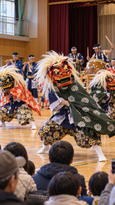 千葉県九十九里町の片貝小学校体育館で色鮮やかな獅子頭と伝統衣装を身につけた舞手たちが、笛や太鼓の音色に合わせて獅子舞や羯鼓舞を披露する第11回九十九里町郷土芸能まつりの会場風景