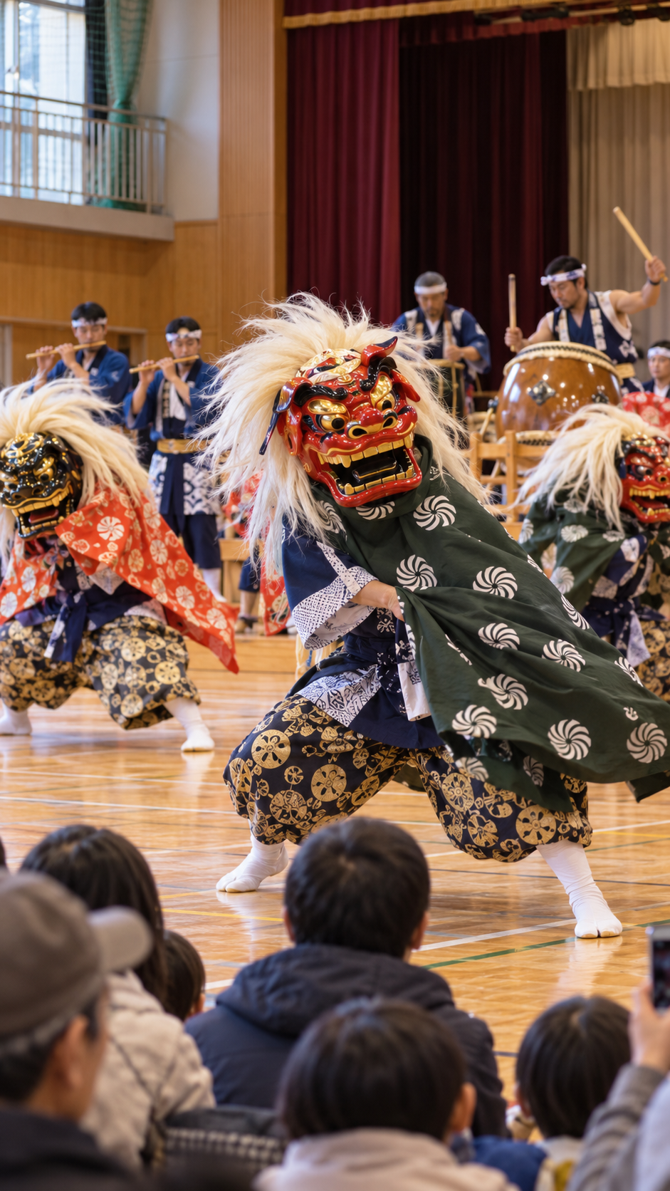 千葉県九十九里町の片貝小学校体育館で色鮮やかな獅子頭と伝統衣装を身につけた舞手たちが、笛や太鼓の音色に合わせて獅子舞や羯鼓舞を披露する第11回九十九里町郷土芸能まつりの会場風景
