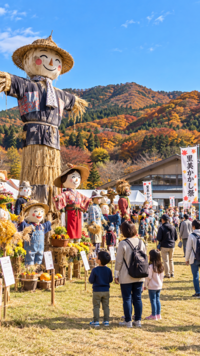 茨城県常陸太田市の里美ふれあい館イベント広場に高さ約3mの巨大かかしやユーモラスな手作りかかしがずらりと並び、秋の山々を背景に家族連れが作品を鑑賞する第39回里美かかし祭2026の会場風景