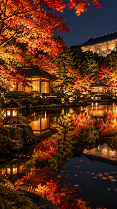 東京国立博物館の日本庭園で紅葉した木々や歴史ある茶室が幻想的にライトアップされるZEN NIGHT TOKYOの夜景