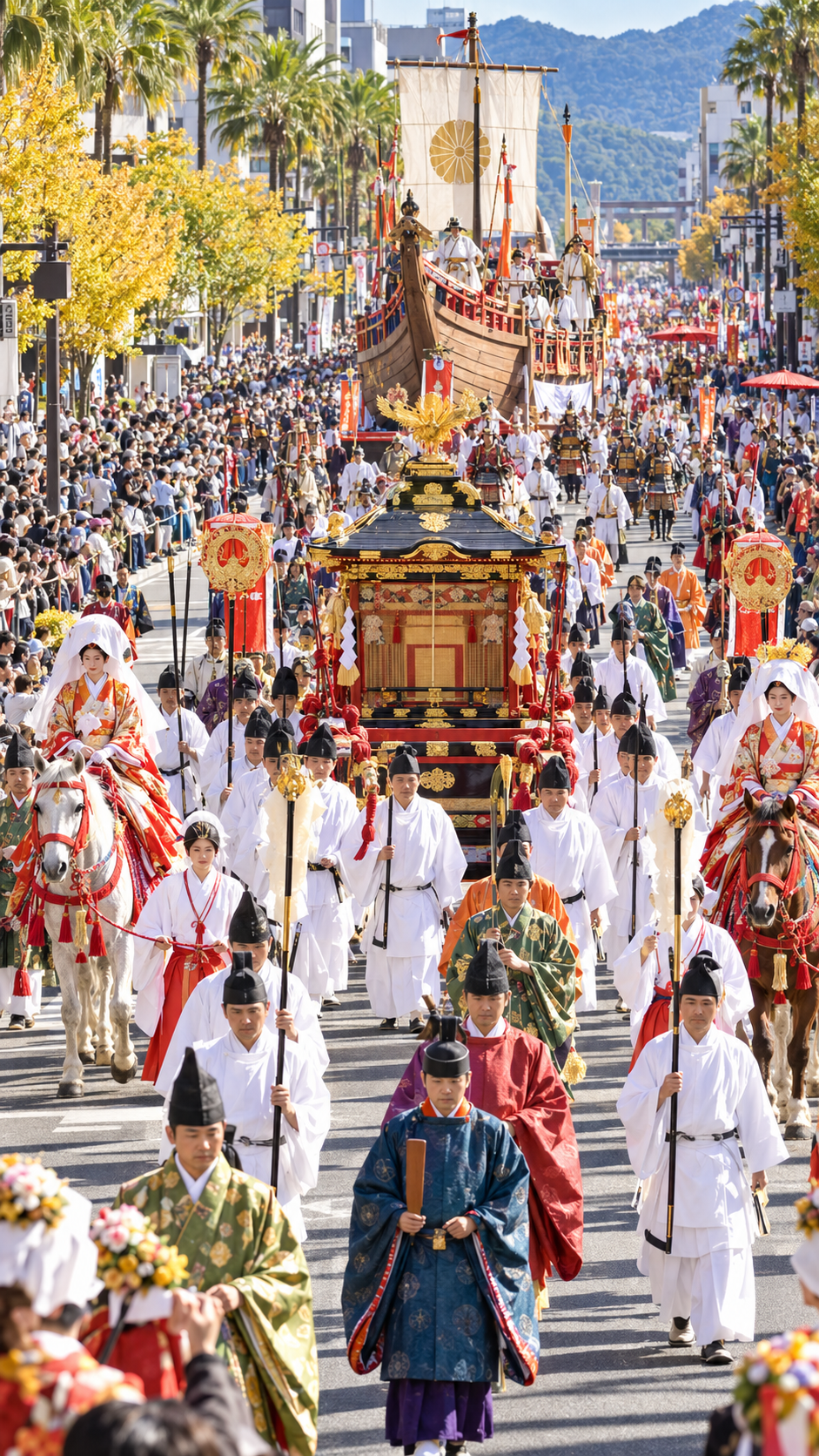 宮崎県宮崎市の橘通りで古式装束の人々が御鳳輦を中心に行列をつくり、古代船おきよ丸や華やかな花嫁姿のミスシャンシャン馬が市街地を練り歩く宮崎神宮大祭2026の風景