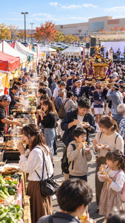 千葉県野田市のイオンノア店B街区駐車場に野田の醤油や地元野菜を使った創作グルメの屋台が並び、神輿の練り歩きやステージを楽しむ来場者でにぎわう第10回NODA産FOODフェスタ2026の会場風景